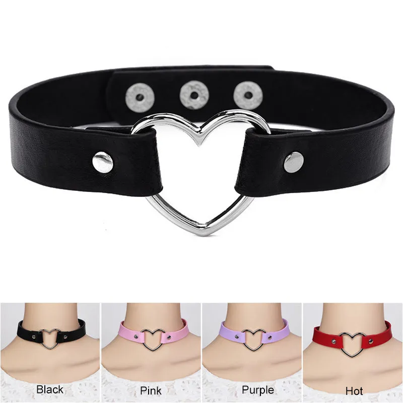 Women Lady Punk Goth Harajuku Grunge PU Leather Rivet Heart Collar Choker Funky Torques Necklace Jewelry @M23