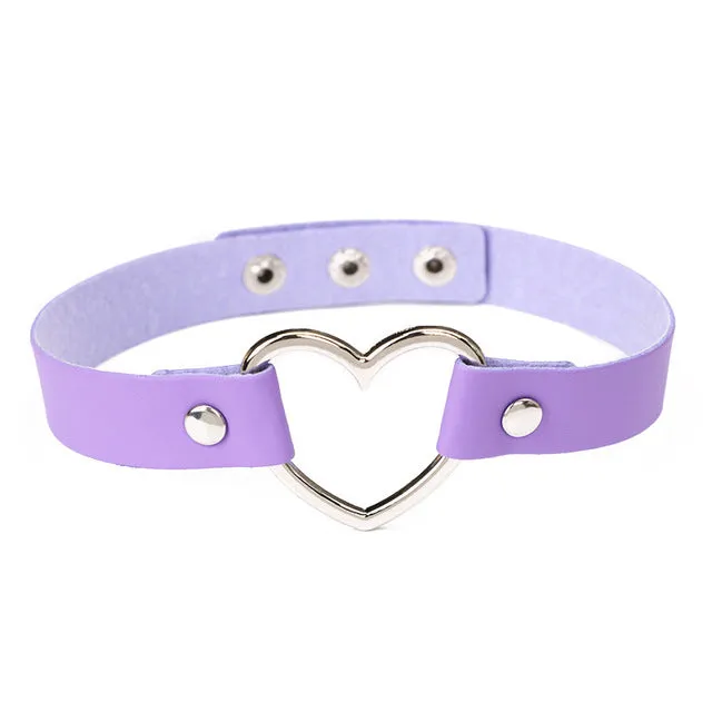 Women Lady Punk Goth Harajuku Grunge PU Leather Rivet Heart Collar Choker Funky Torques Necklace Jewelry @M23