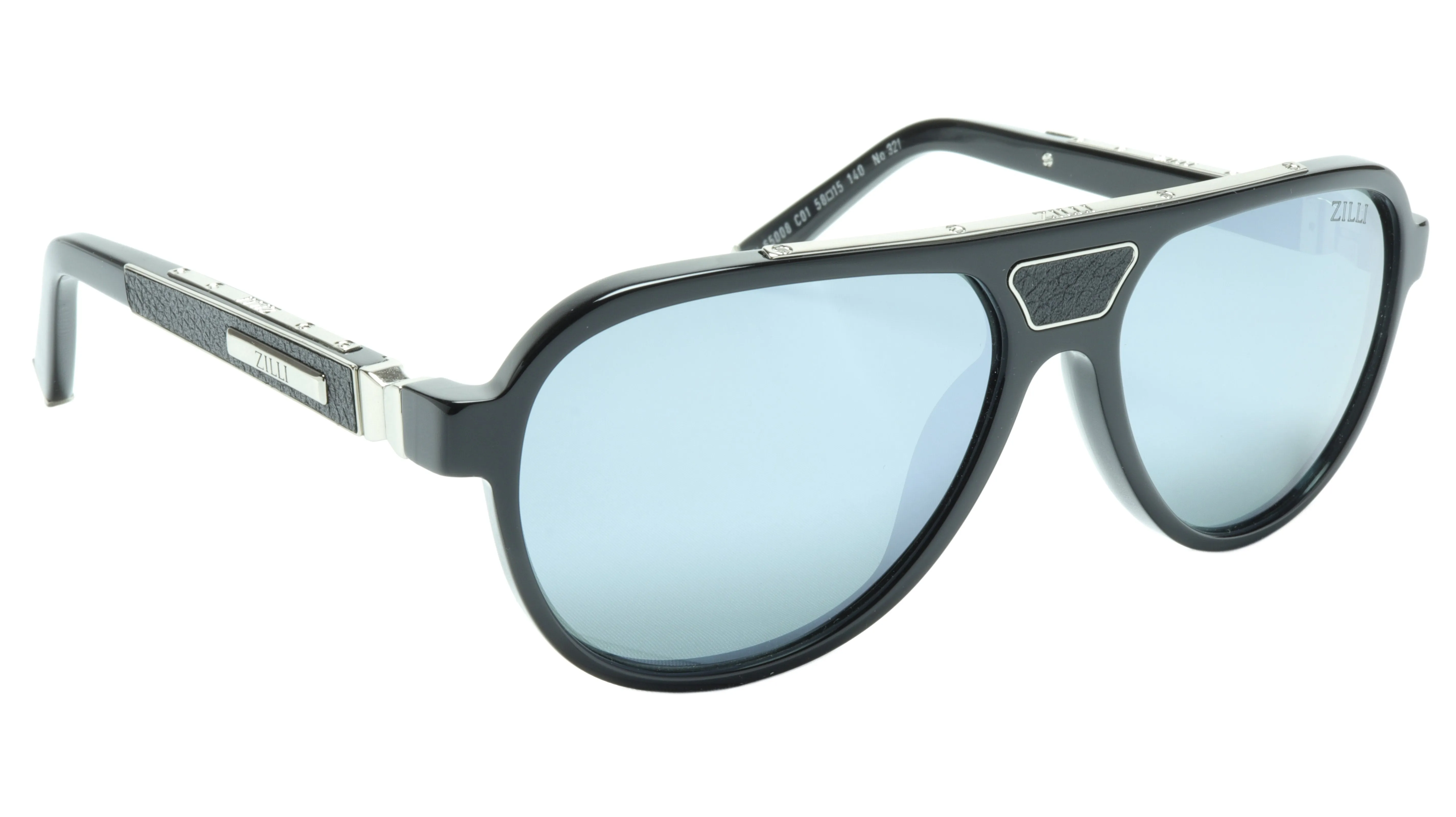 ZILLI Aviator Sunglasses in Black and Silver with Leather Accents
