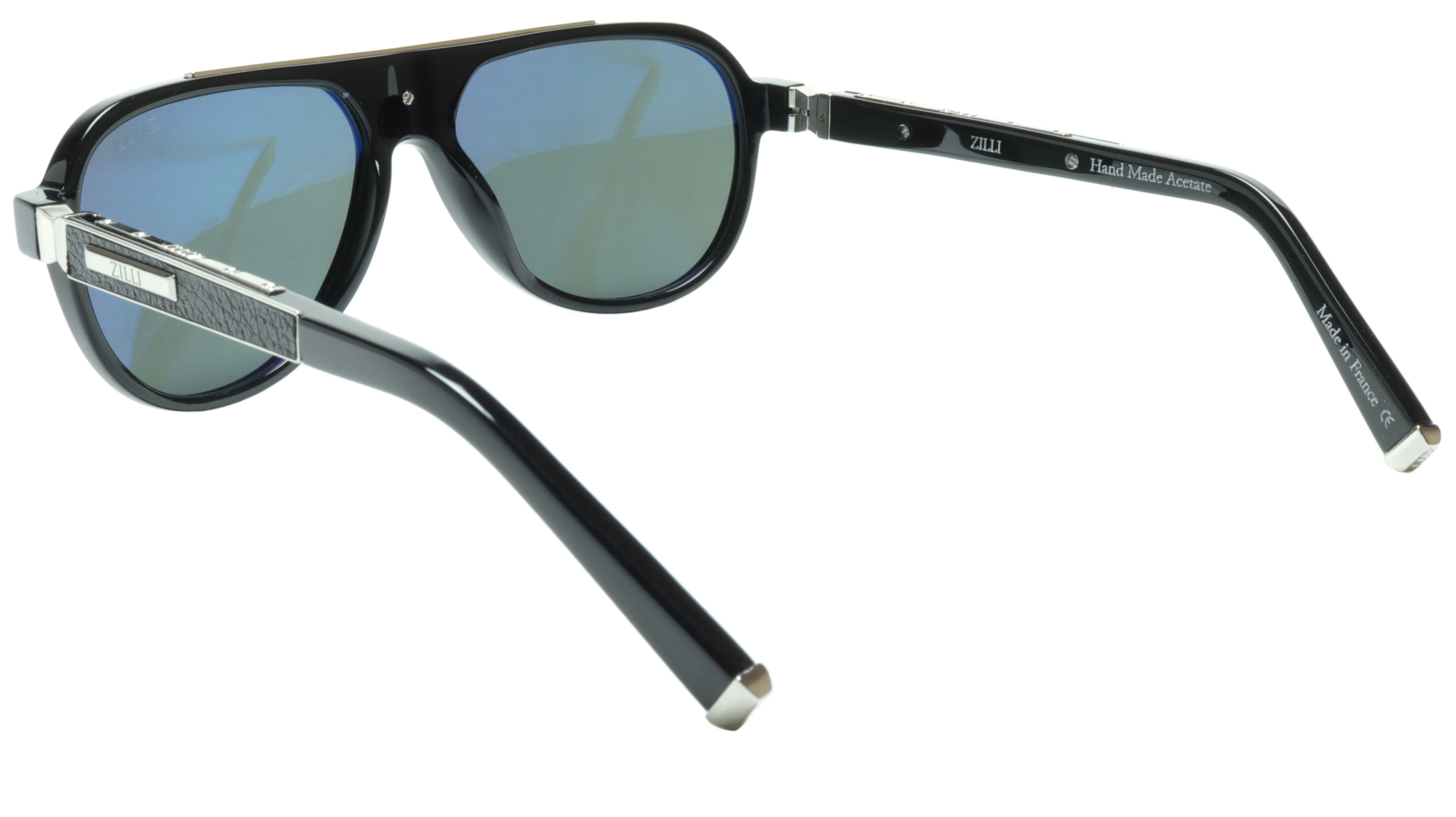 ZILLI Aviator Sunglasses in Black and Silver with Leather Accents
