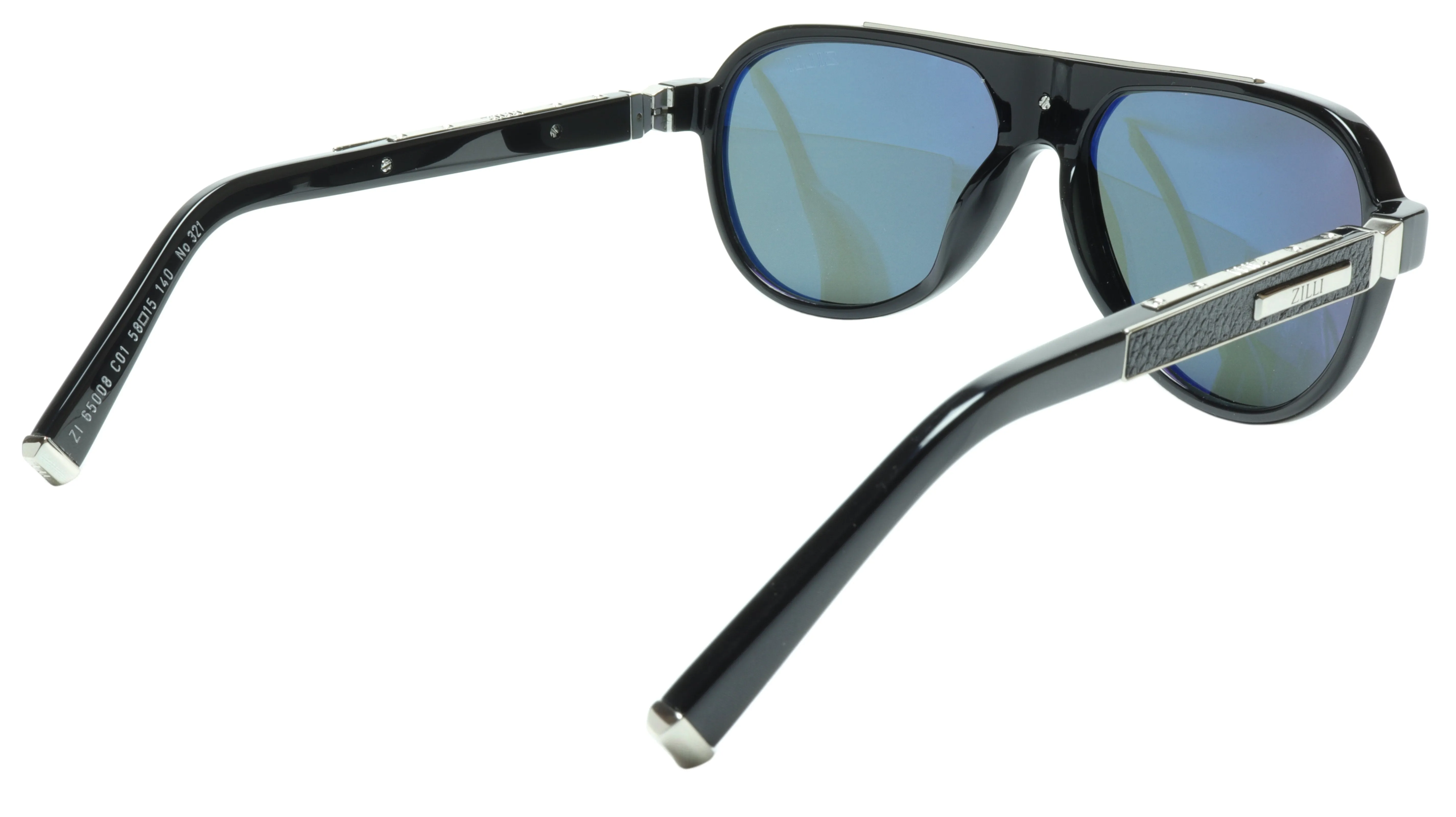 ZILLI Aviator Sunglasses in Black and Silver with Leather Accents