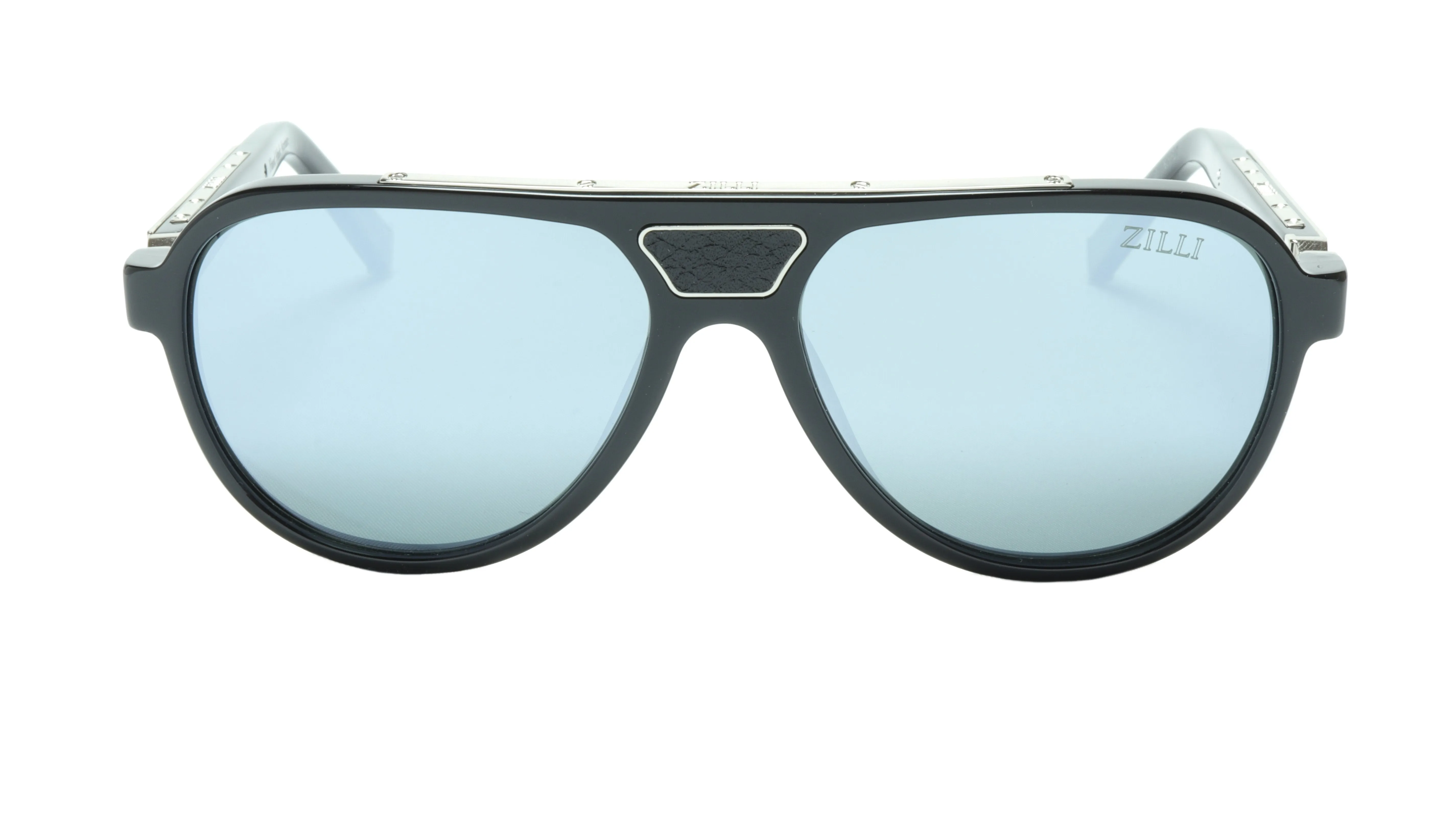 ZILLI Aviator Sunglasses in Black and Silver with Leather Accents