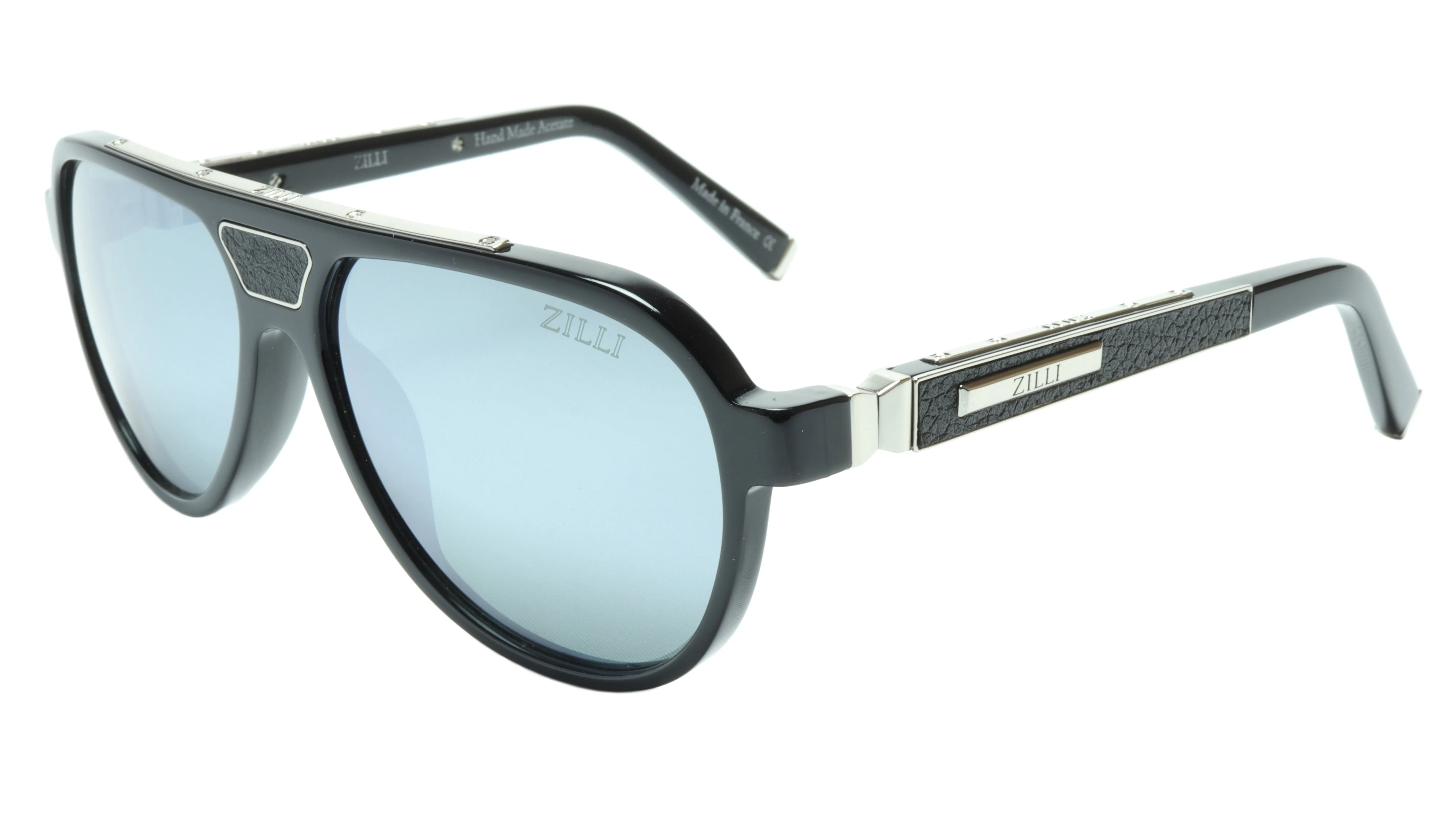 ZILLI Aviator Sunglasses in Black and Silver with Leather Accents