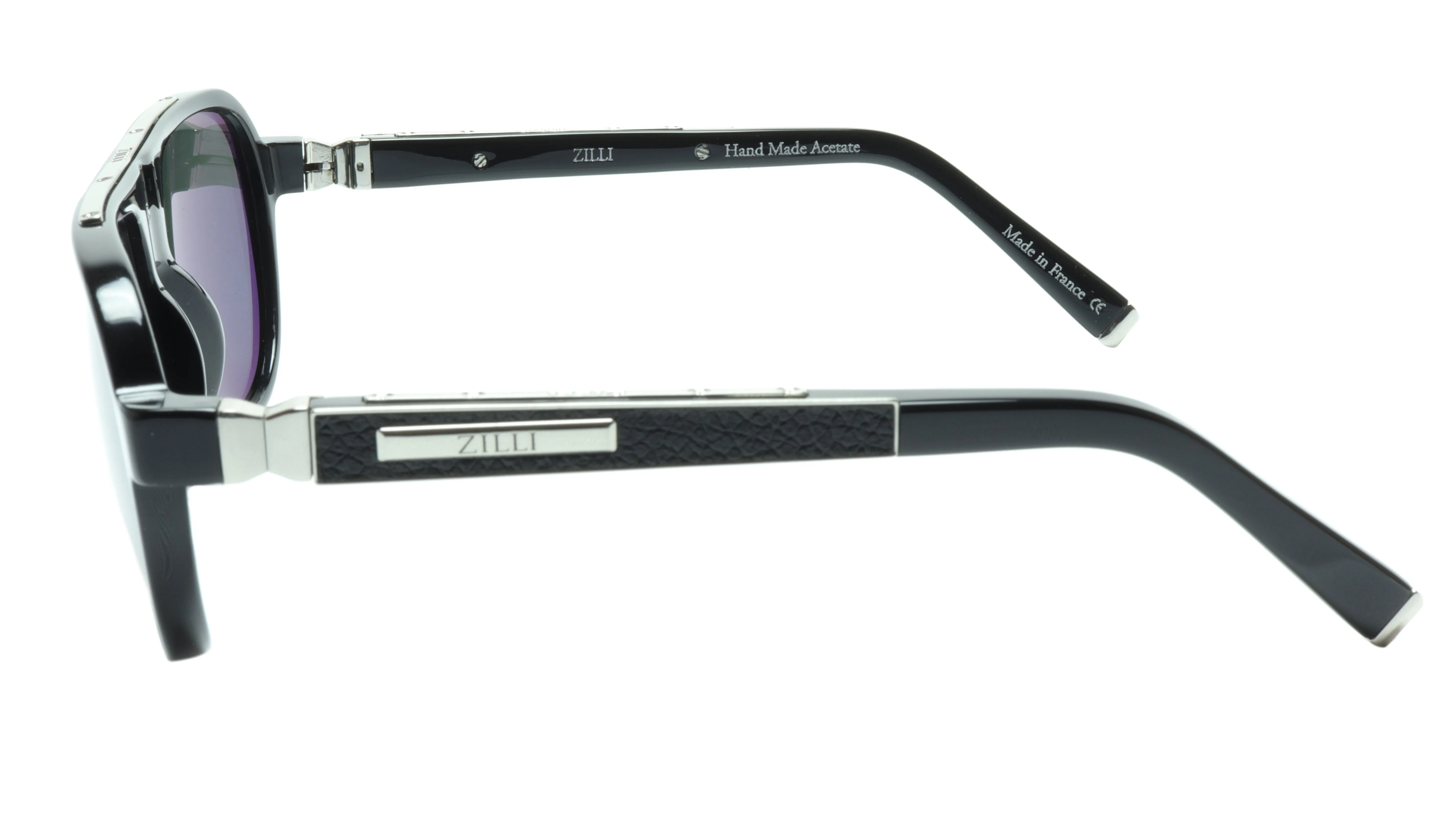 ZILLI Aviator Sunglasses in Black and Silver with Leather Accents