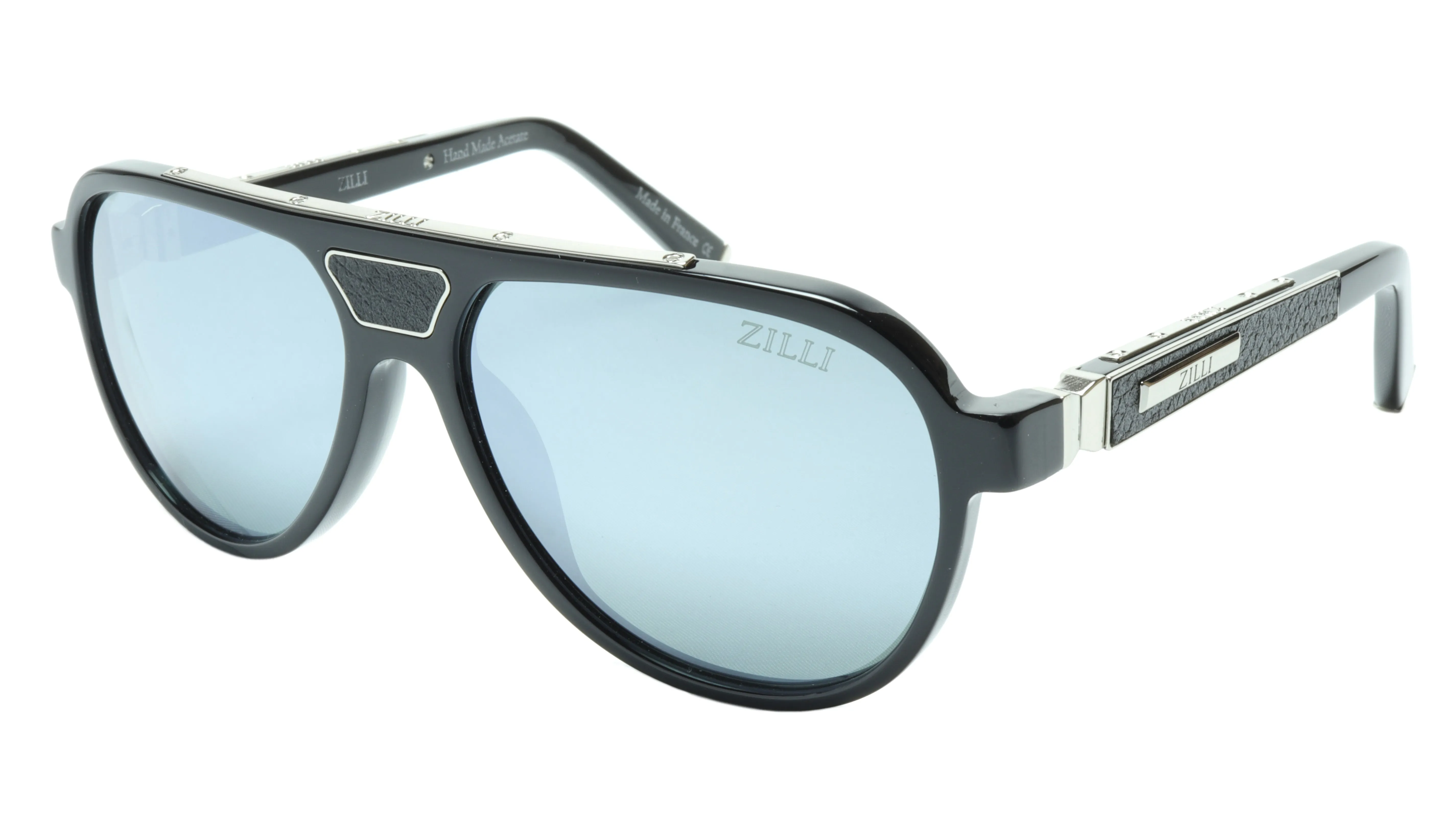 ZILLI Aviator Sunglasses in Black and Silver with Leather Accents