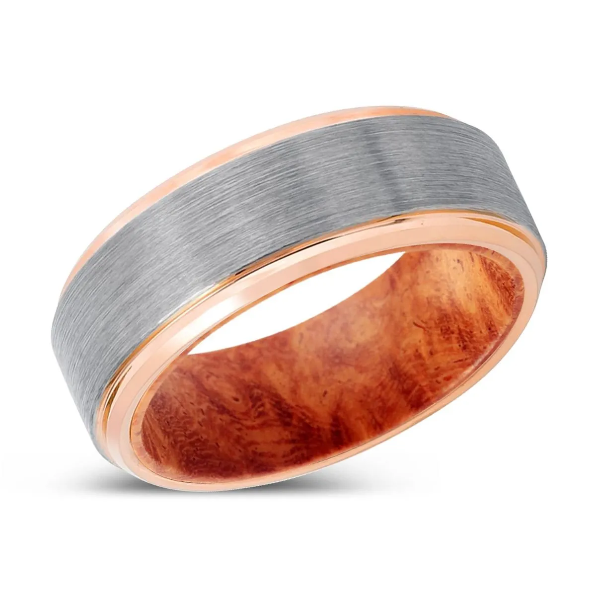 ZYN | Red Burl Wood, Silver Tungsten Ring, Brushed, Rose Gold Stepped Edge