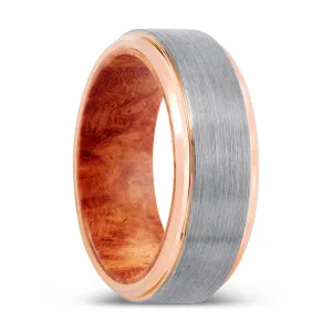 ZYN | Red Burl Wood, Silver Tungsten Ring, Brushed, Rose Gold Stepped Edge